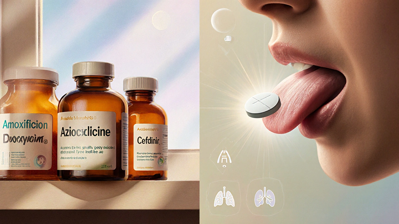 A doctor's office window showing antibiotic bottles and a dissolving tablet in contrasting light and shadow.