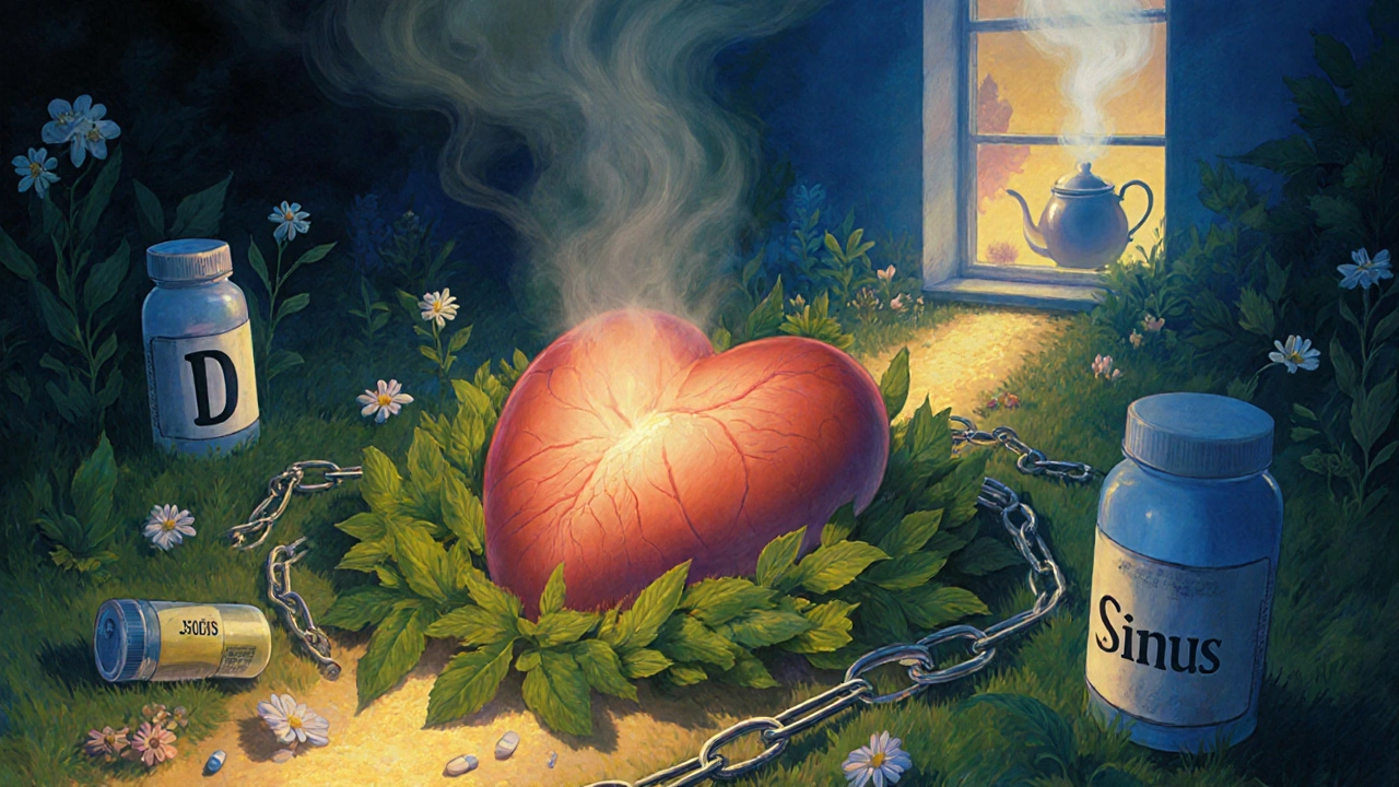 A glowing heart surrounded by nature, with broken decongestant pills on the ground nearby.