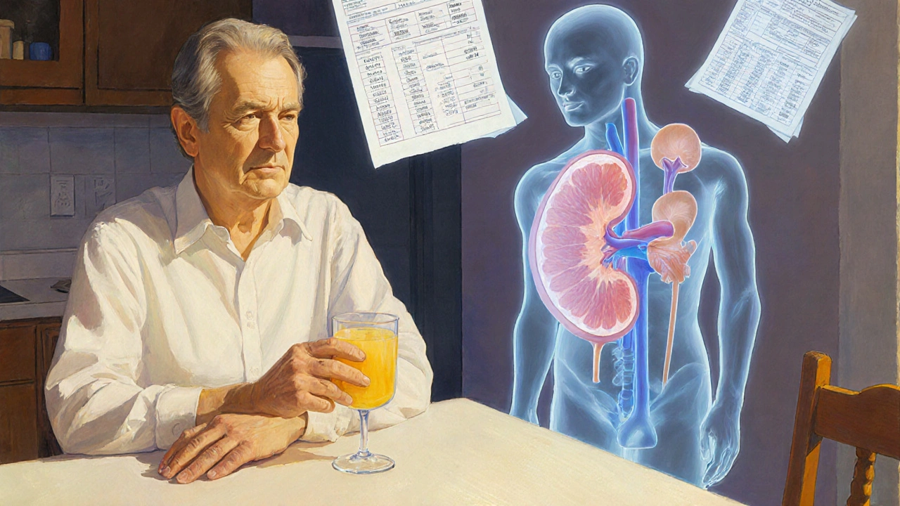 A patient with grapefruit juice beside floating lab results showing dangerous drug level differences.