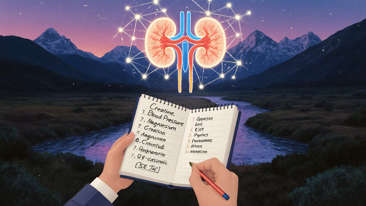 A person tracking health data as an AI algorithm projects protective data streams onto a kidney.