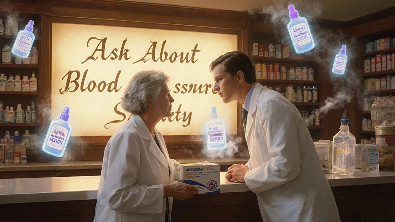 A pharmacist advising a patient at a pharmacy counter, with warning symbols fading into safe alternatives.