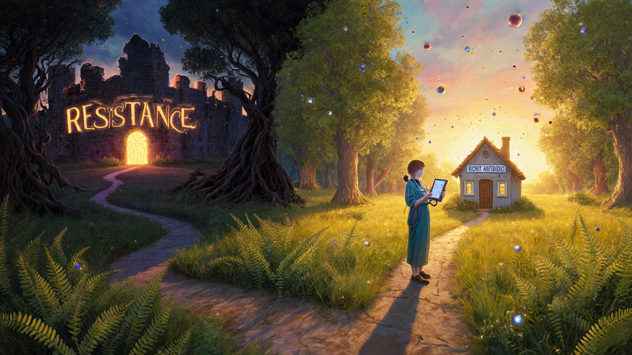 A symbolic path through a forest leading to resistance on one side and healing on the other, bathed in golden dawn light.