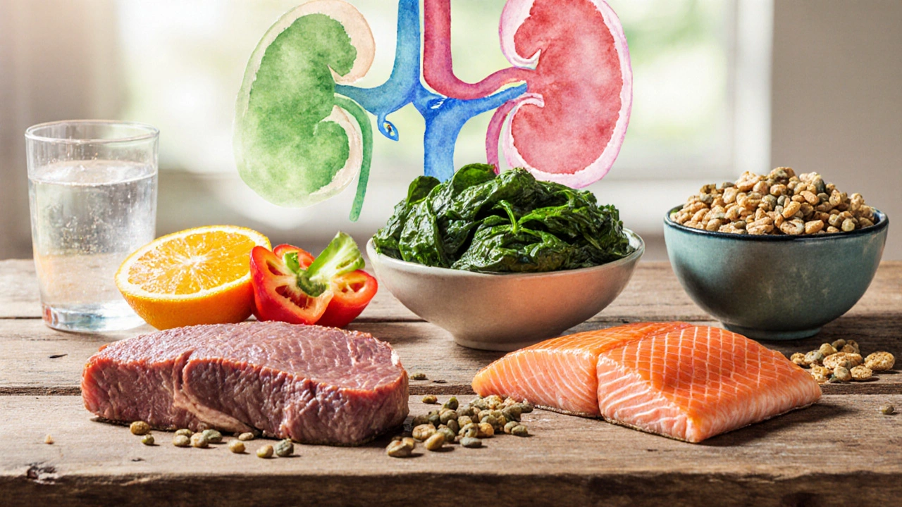 Assortment of iron, B12 and folate rich foods arranged on a table beside a kidney silhouette.