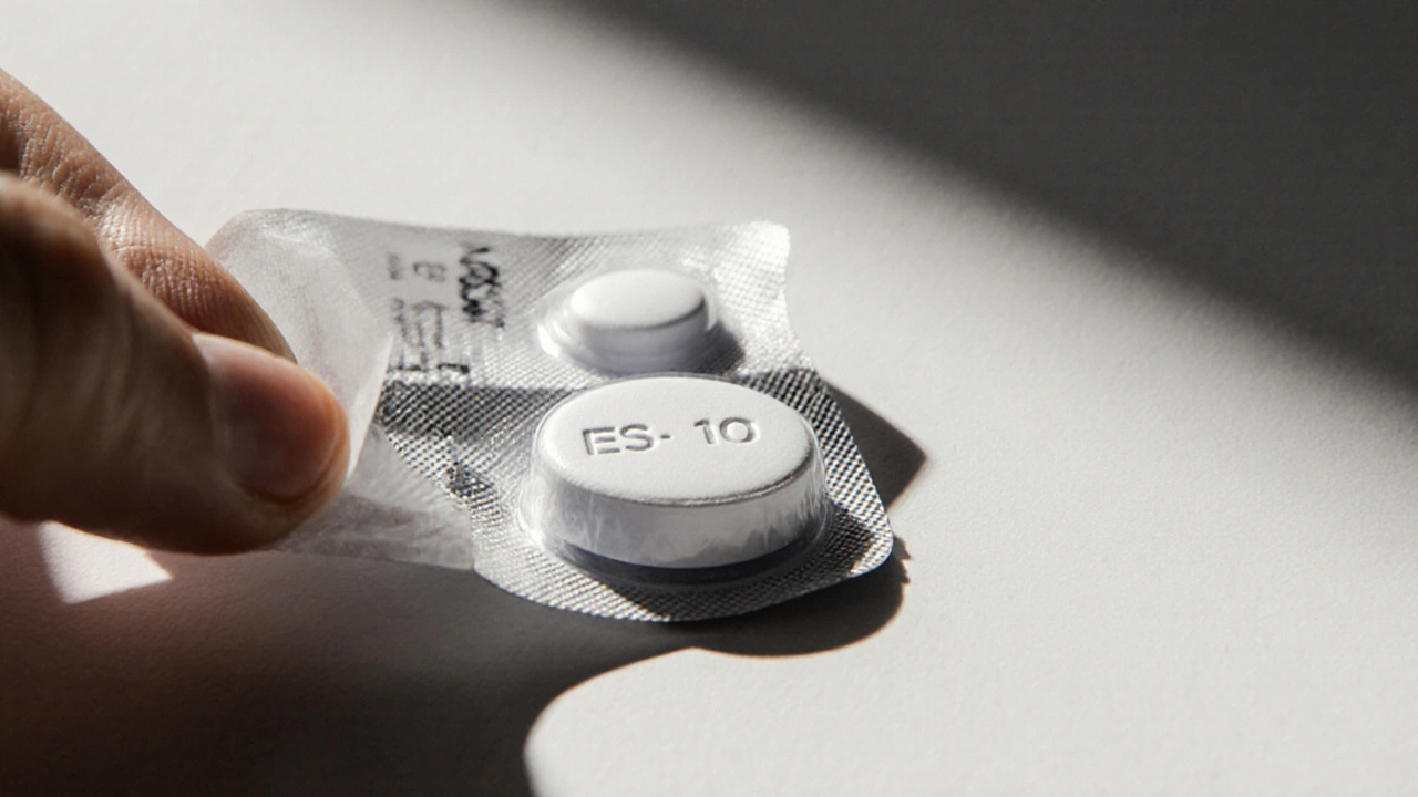 Close-up of a generic Lexapro tablet with imprint ES 10 and sealed blister pack.