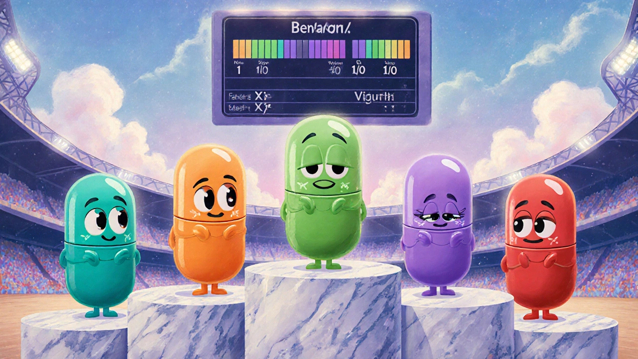 Colorful pill characters representing antihistamines gathered around a drowsiness scoreboard.