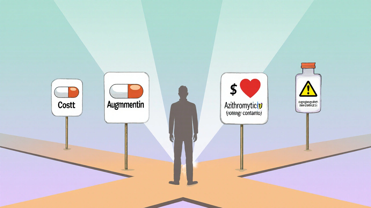 Conceptual scene of a patient at a crossroads with signposts for different antibiotics and price symbols.