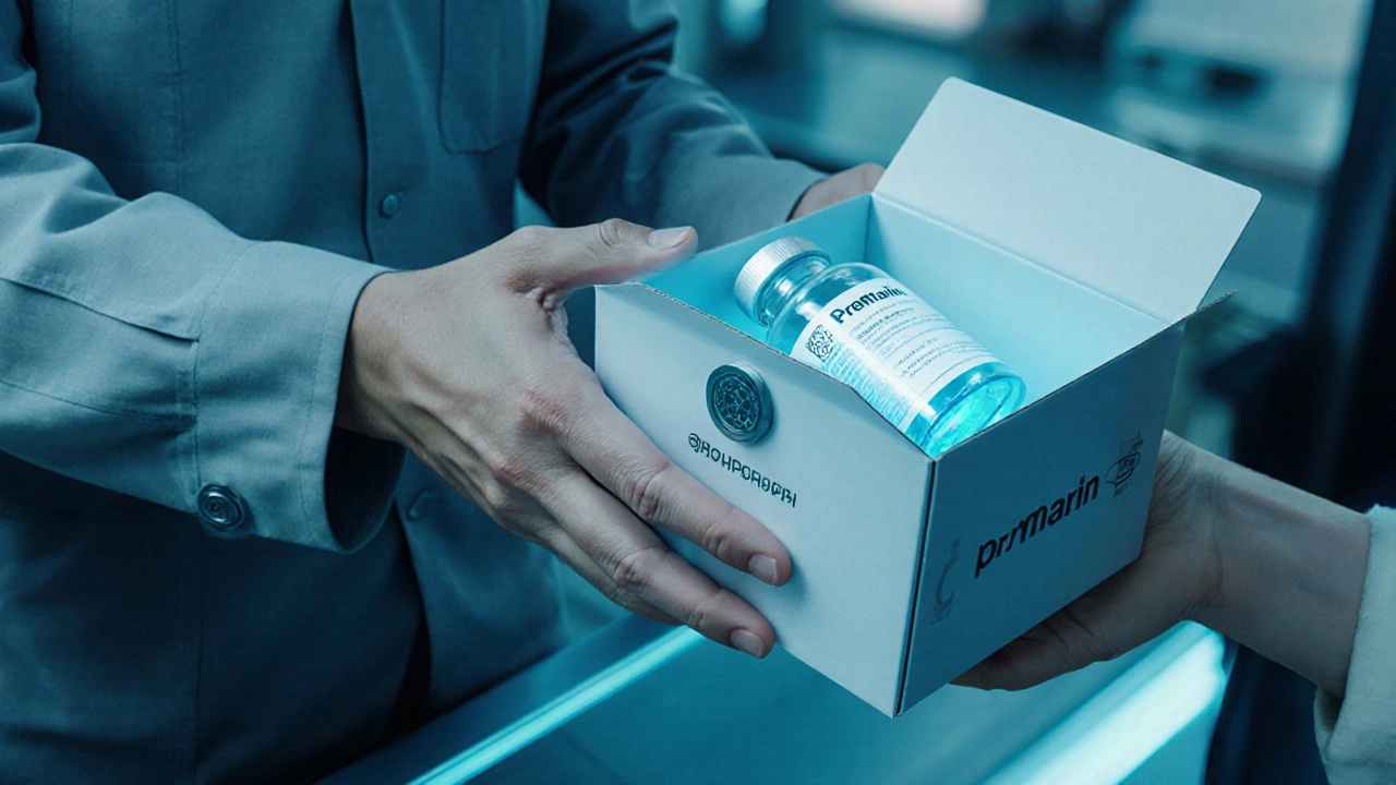 Courier delivering a sealed package containing a generic Premarin bottle.