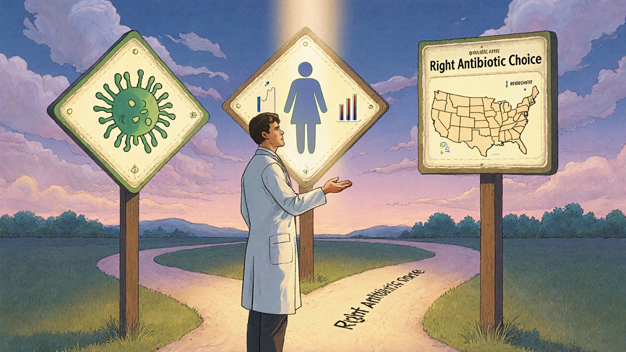 Doctor at a crossroads of pathogen, patient factors, and resistance data, choosing the right antibiotic.