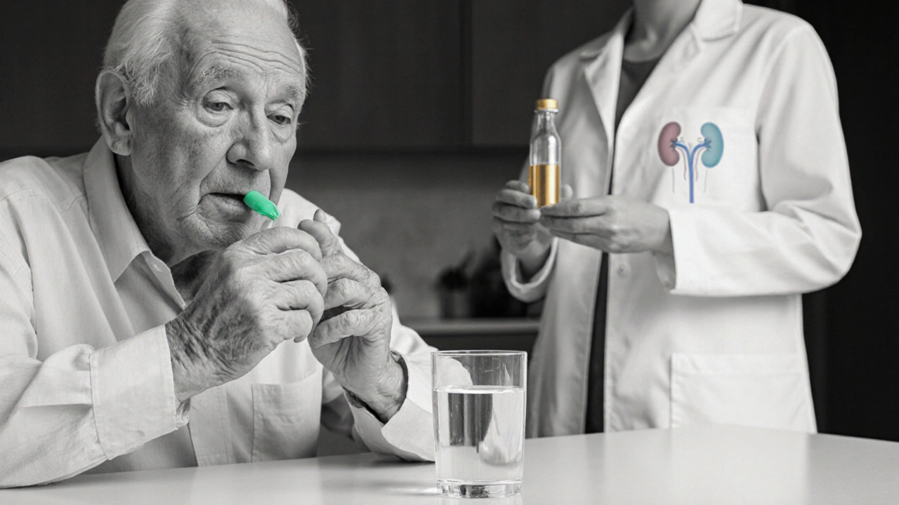 Elderly patient taking dabigatran, with kidney outline and reversal agent hinted.