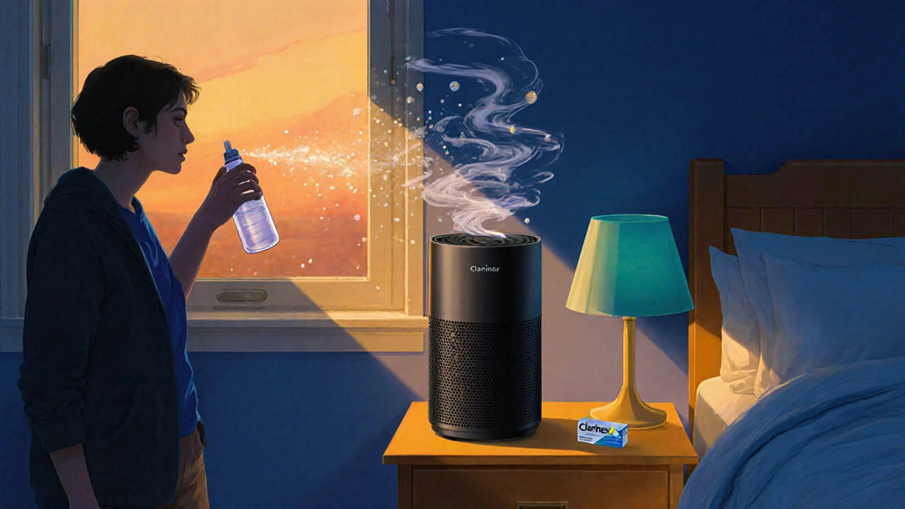 Family using nasal spray and HEPA filter at home, with a Clarinex pill on a bedside table.