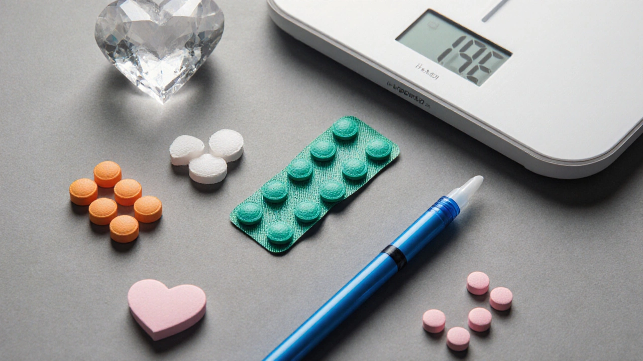 Flat‑lay of various diabetes meds with a heart crystal and weight scale beside them.