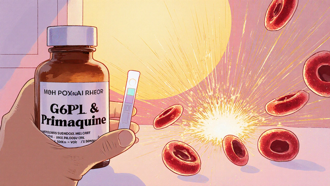 G6PD test strip beside Primaquine with red blood cells showing hemolysis sparks.