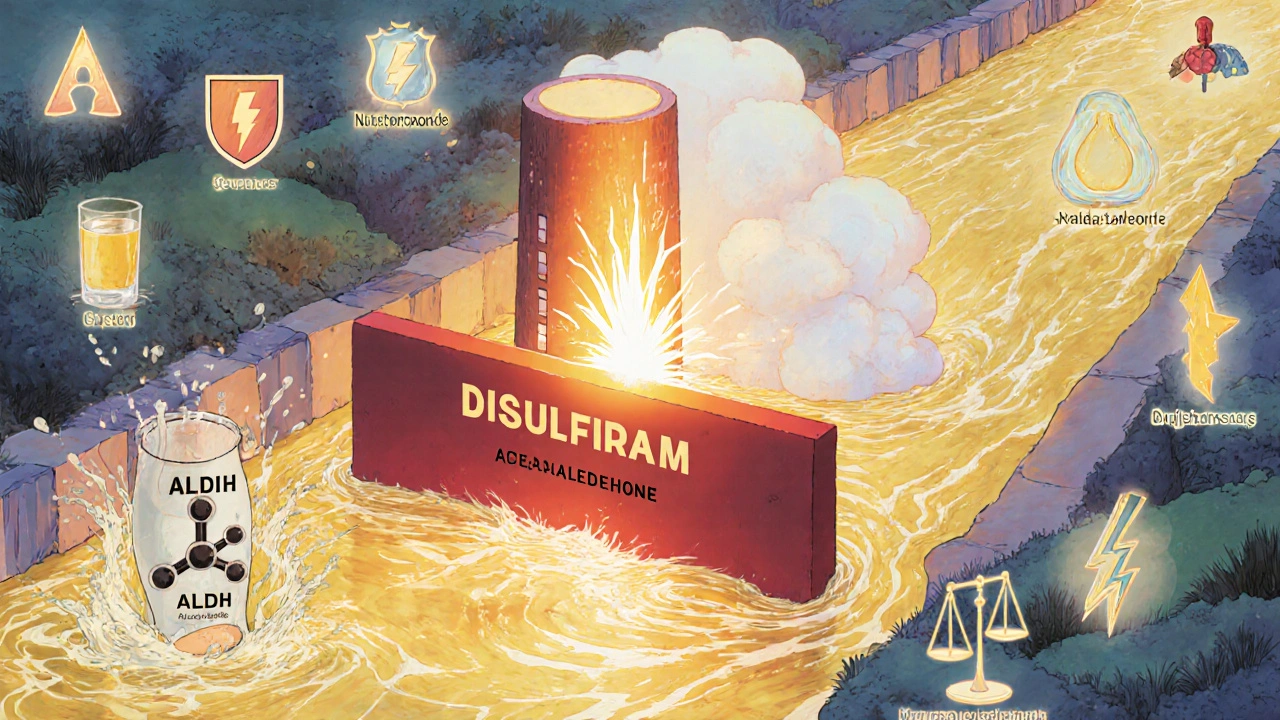 Illustrated body river showing Disulfiram blocking alcohol metabolism and icons for other AUD meds.