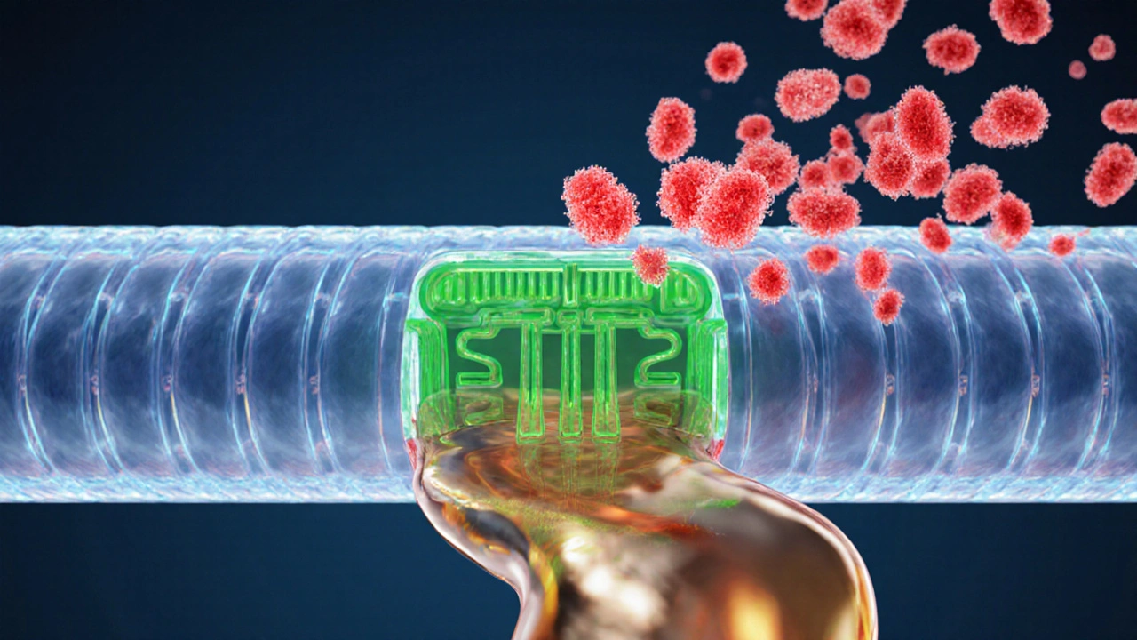 Illustration of a kidney tubule showing glucose blocked by an SGLT2 gate and excreted as urine.