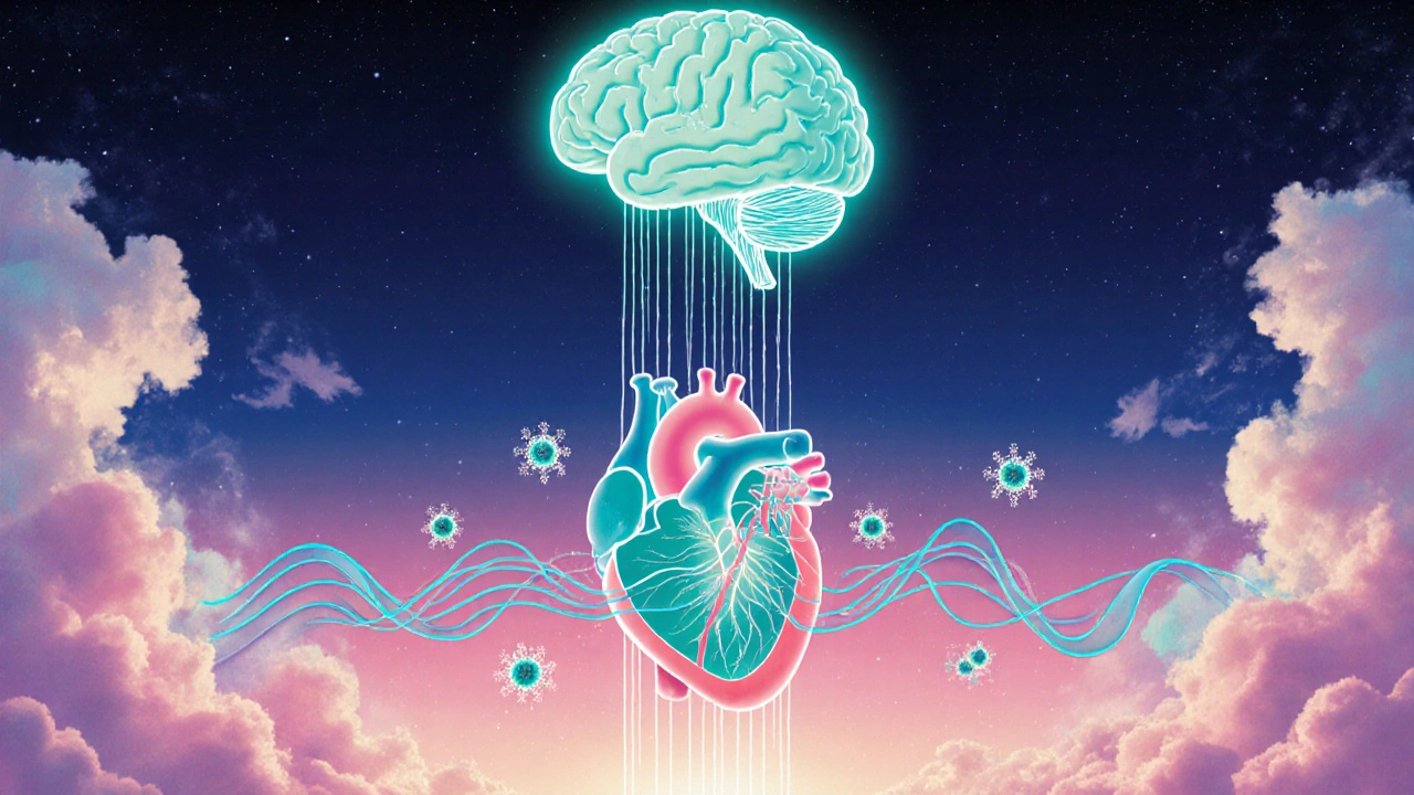 Illustration of brain, heart, and fading glucose symbols showing reduced stress effects.
