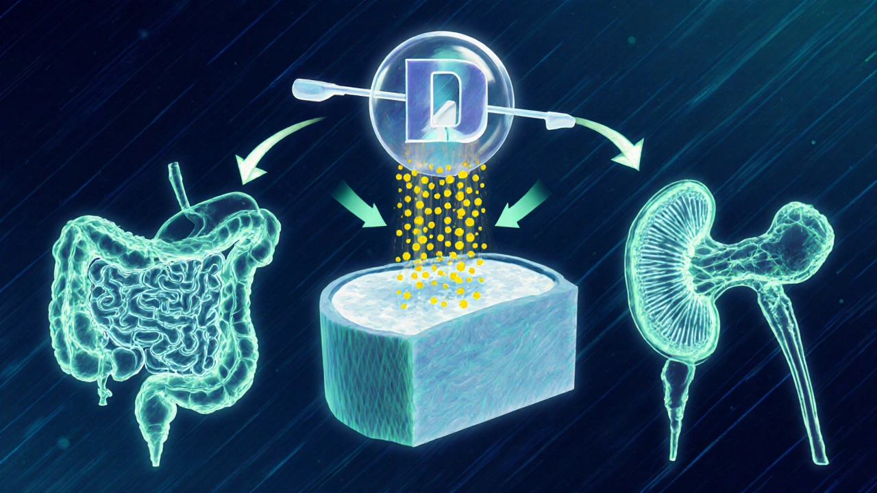 Illustration of intestine, bone, kidney with Vitamin D directing calcium flow.