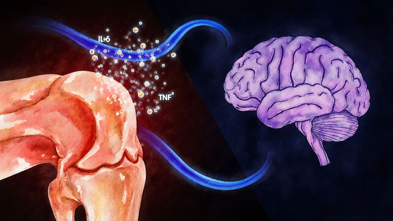 Inflamed knee releasing glowing cytokine particles that travel to a stylized brain.