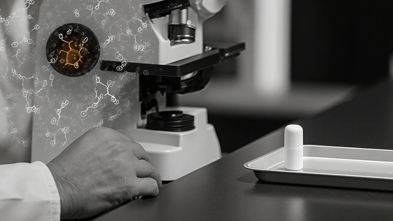 Lab scene showing thrombin inhibition cascade with a highlighted dabigatran pill.
