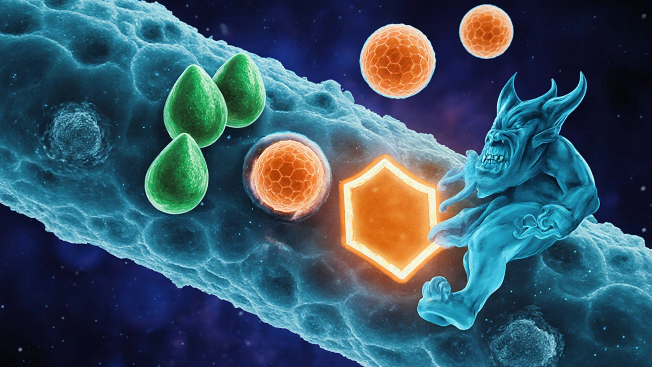 Medical illustration of amoxicillin and clavulanate blocking beta‑lactamase on a bacterial cell.