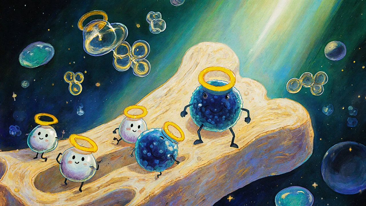 Microscopic view of bone remodeling with osteoblasts, osteoclasts, and floating acetaminophen molecules.