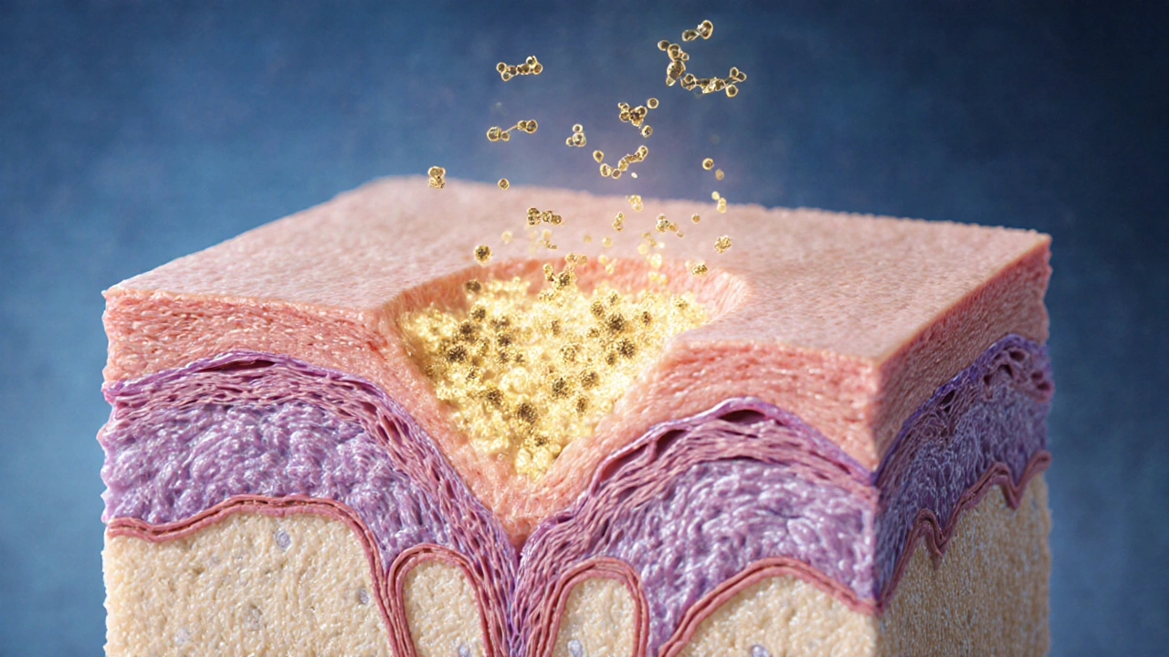 Microscopic view of monobenzone molecules destroying melanocytes in skin.