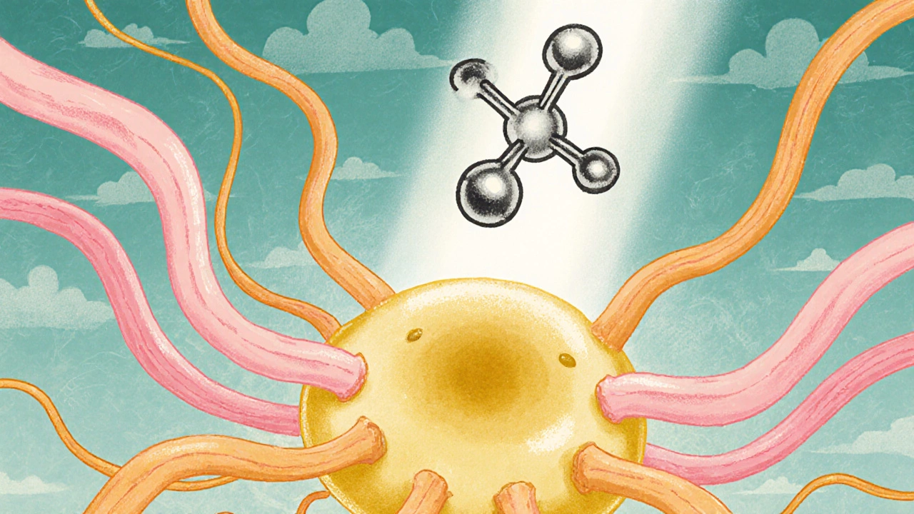 Neural synapse with serotonin and norepinephrine ribbons blocked by an imipramine molecule.