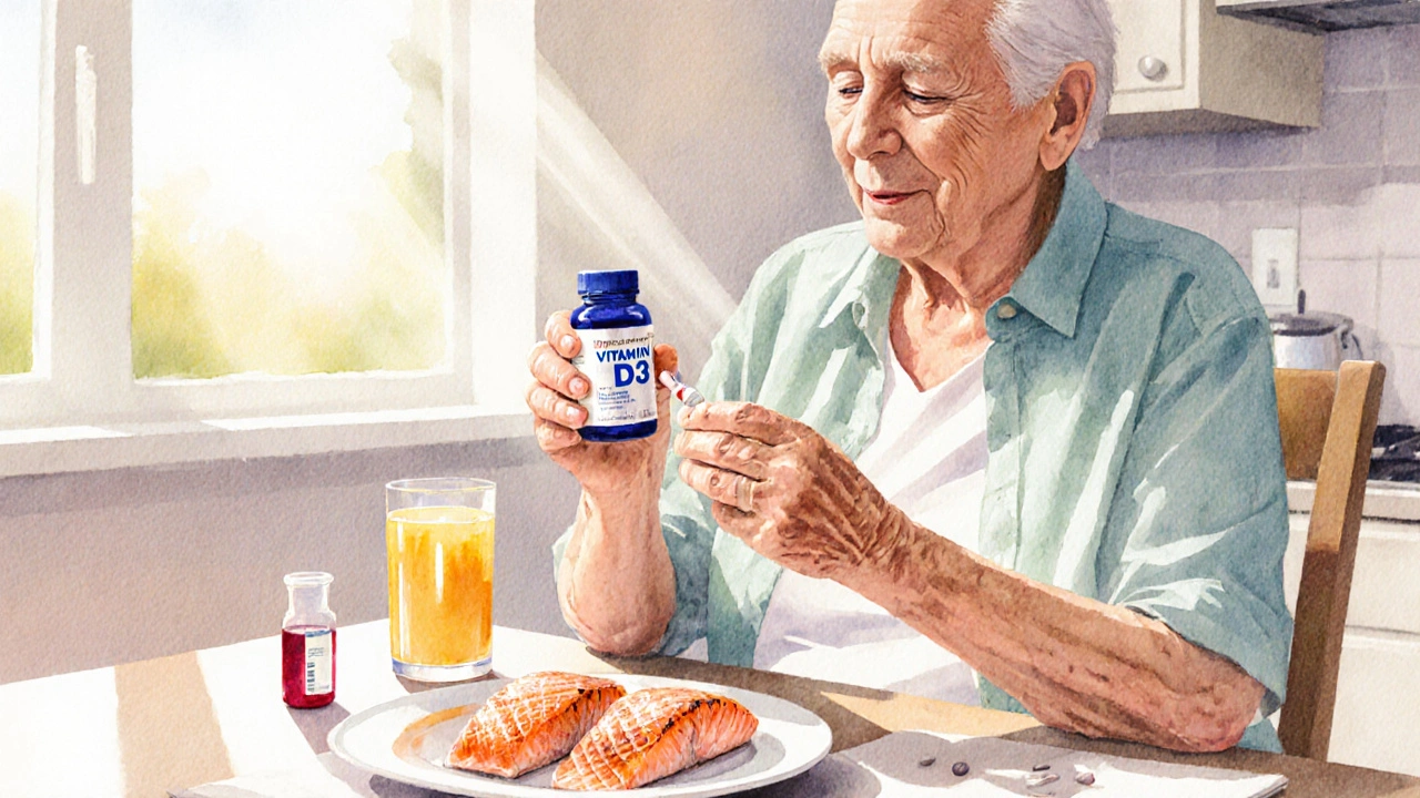 Older adult at kitchen table with supplement bottle, salmon, and sunlight.