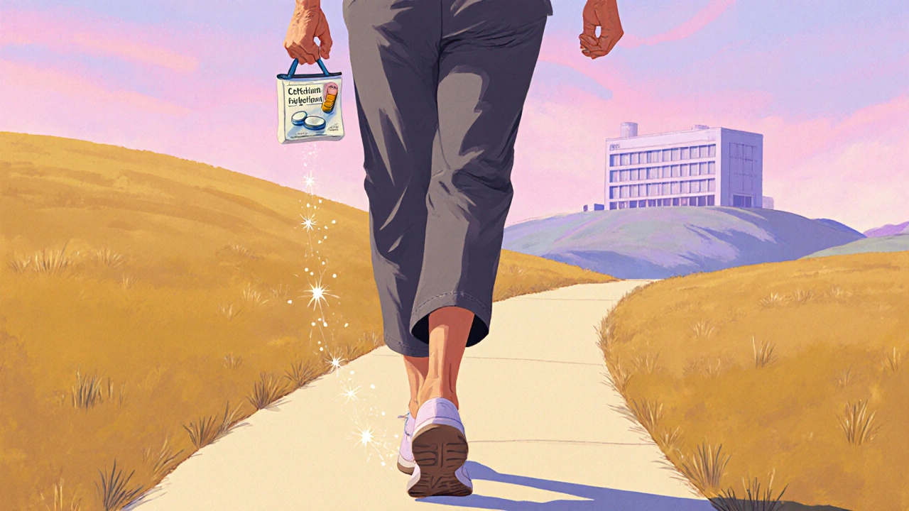 Older person walking in a park carrying low‑dose acetaminophen, calcium and vitamin D, with a distant DEXA scanner.
