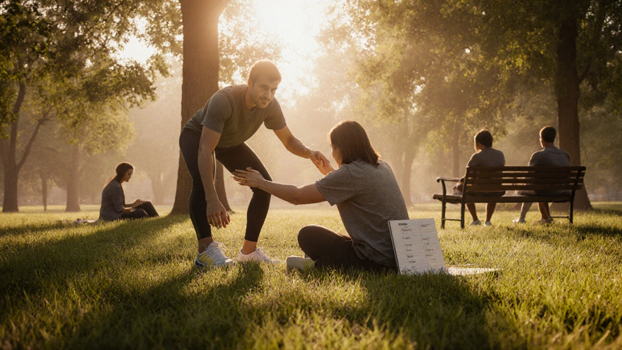 Person stretching in a sunlit park with a supportive friend, symbolizing integrated care.