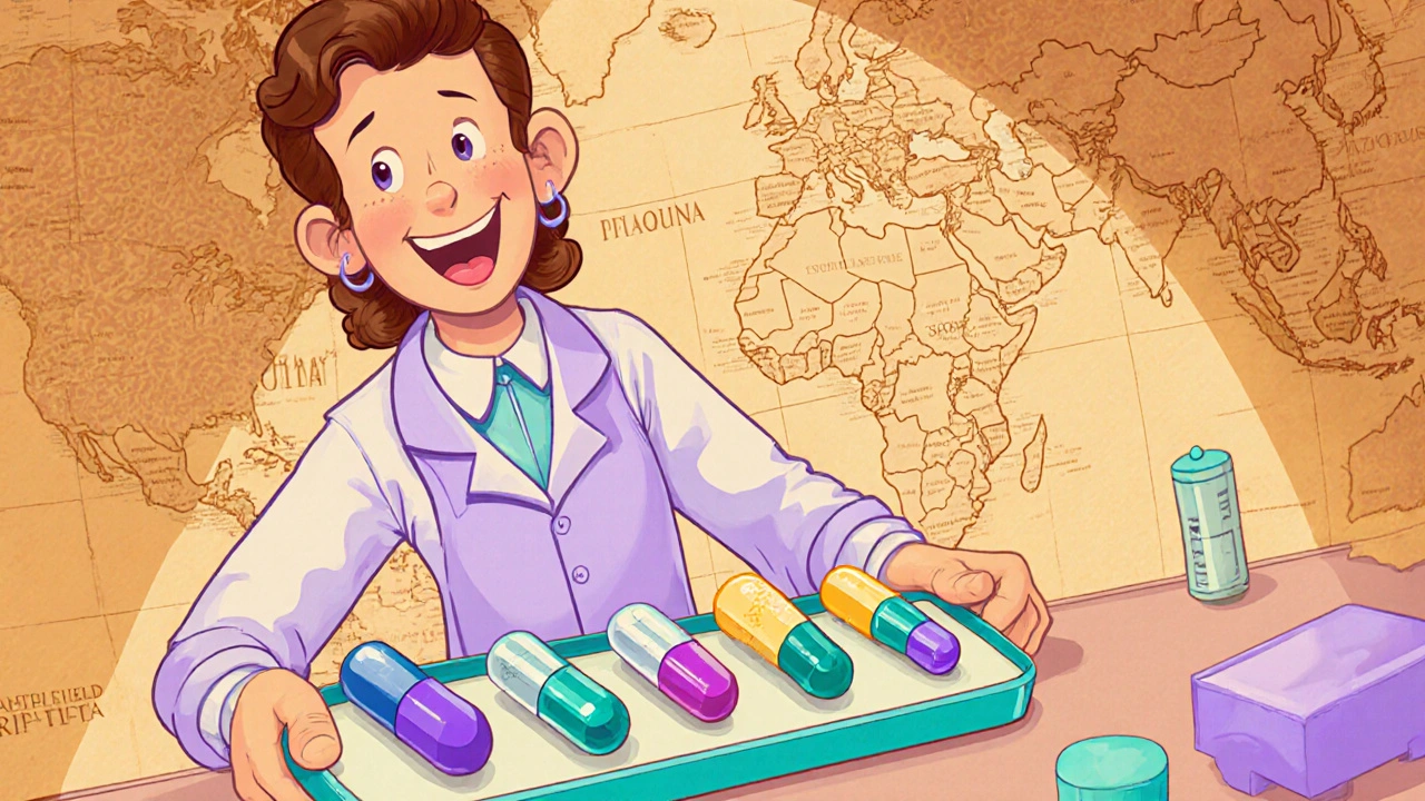 Pharmacist display of colorful antimalarial pills on a parchment map background.