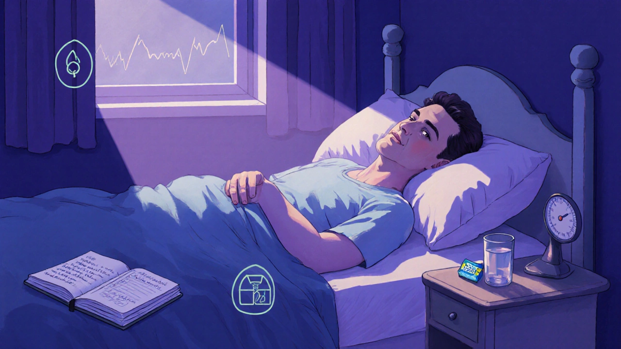 Relaxed person sleeping, journaling benefits, with subtle side‑effect icons.