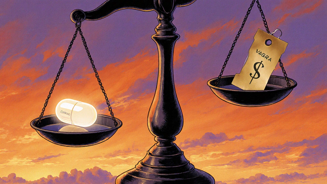 Scale balancing two pills, one glowing and the other with a price hint, under a sunset.