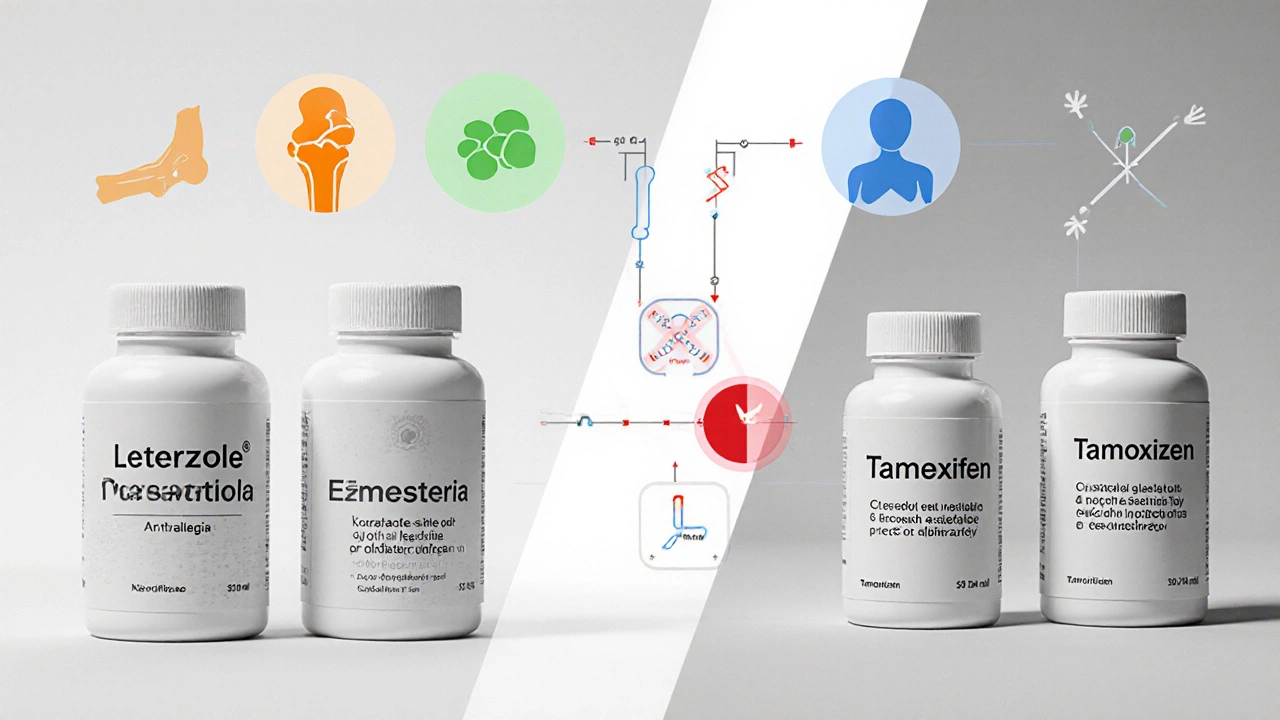 Side‑by‑side comparison of letrozole, anastrozole, exemestane, and tamoxifen with icons for side effects.