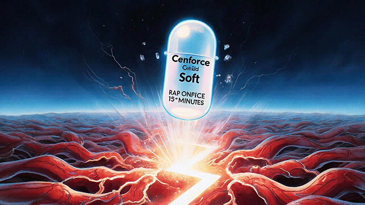 Soft‑gel capsule dissolving in a stylized bloodstream with a glowing burst.