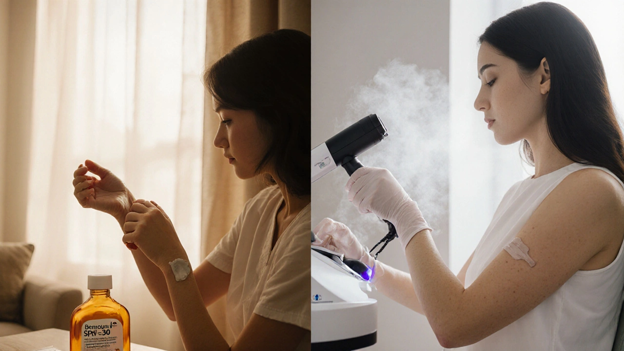 Split scene of a woman applying Benoquin cream at home versus receiving laser treatment in a clinic.