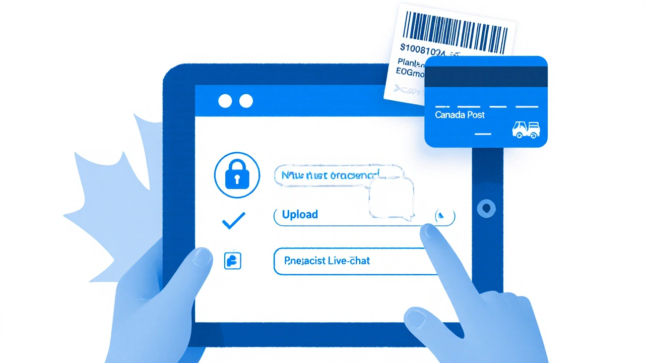 Tablet screen showing secure checkout, pharmacist chat, and prescription upload icons.