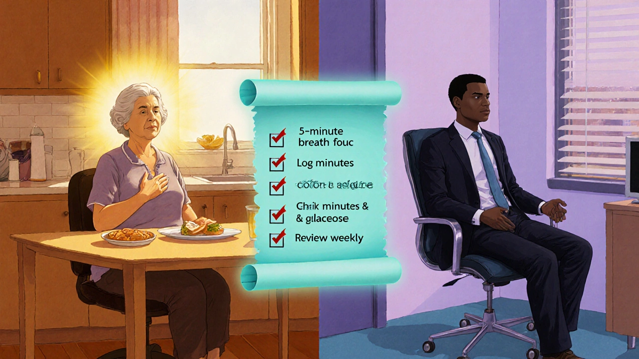 Two people meditating in different settings with glowing auras and a floating health checklist.