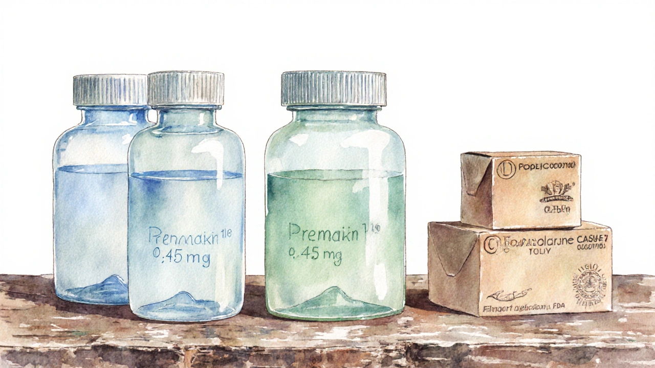 Watercolor of three dosage bottles of generic Premarin with shipping boxes.