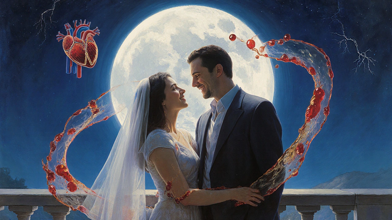 A couple sharing a quiet moment on a moonlit terrace, surrounded by flowing light symbolizing restored intimacy and vitality.