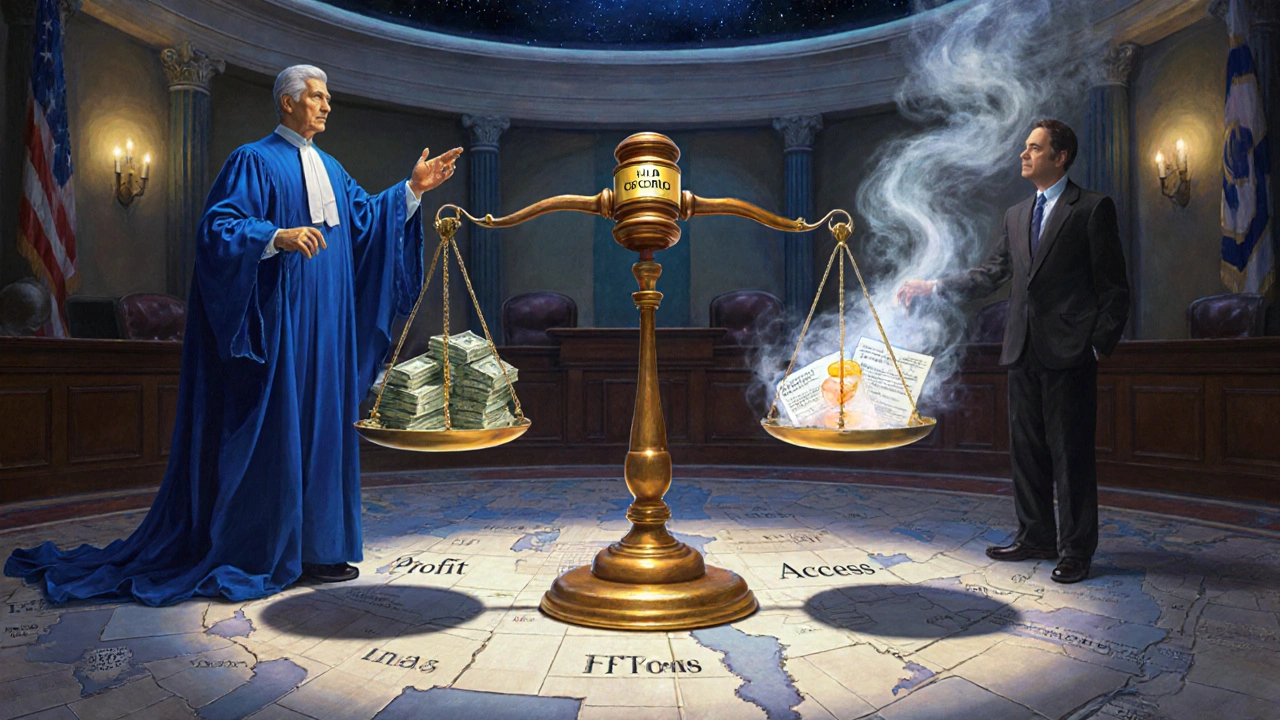 A courtroom scale balances profit against patient access, with a glowing FTC lantern tipping justice as patent smoke fades.