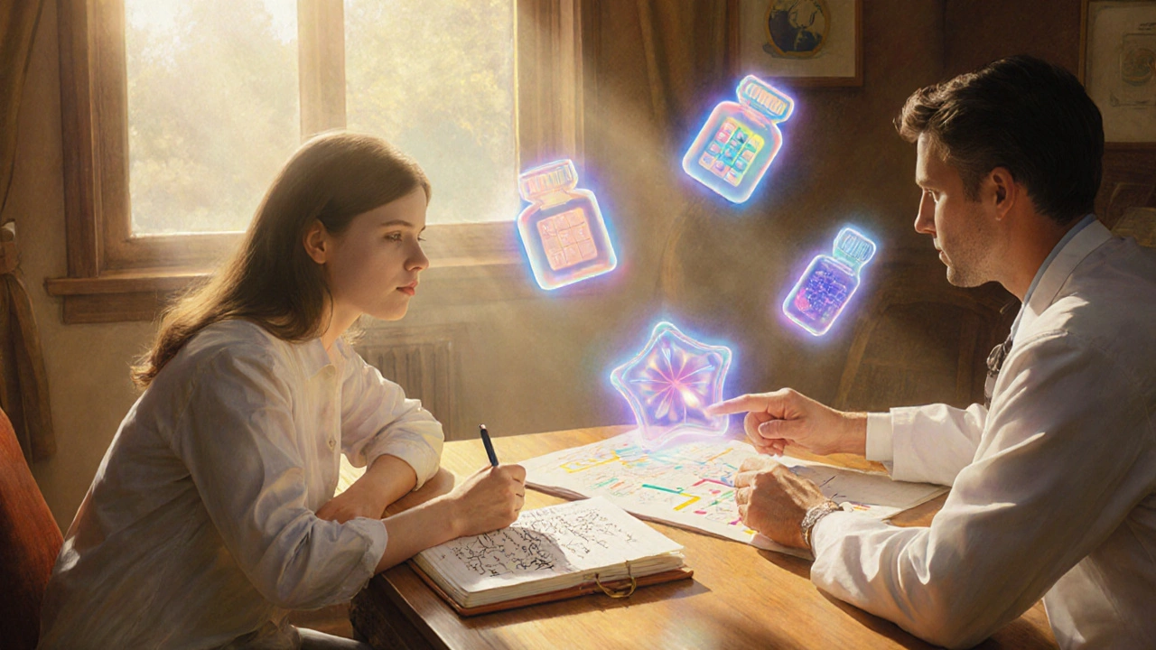A doctor and patient discuss medications at a sunlit table, with floating icons of drugs and a symptom journal.