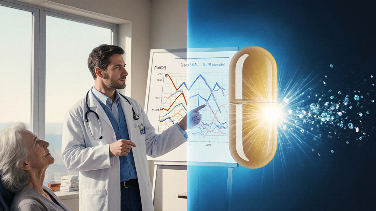 A doctor shows a patient a chart with fluctuating health levels, while a split image contrasts generic and brand drug absorption.