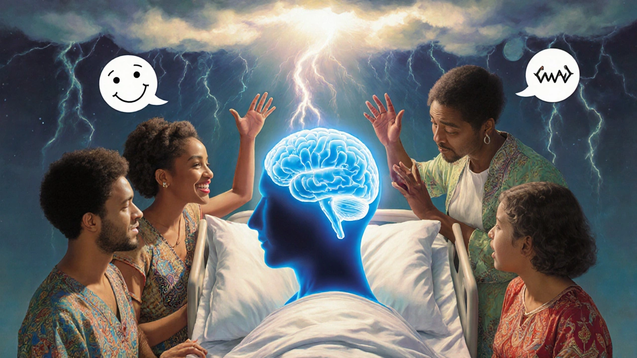 A family beside a hospital bed, with a glowing brain showing FAST symbols, light breaking through clouds, all rendered in luminous, painterly tones.