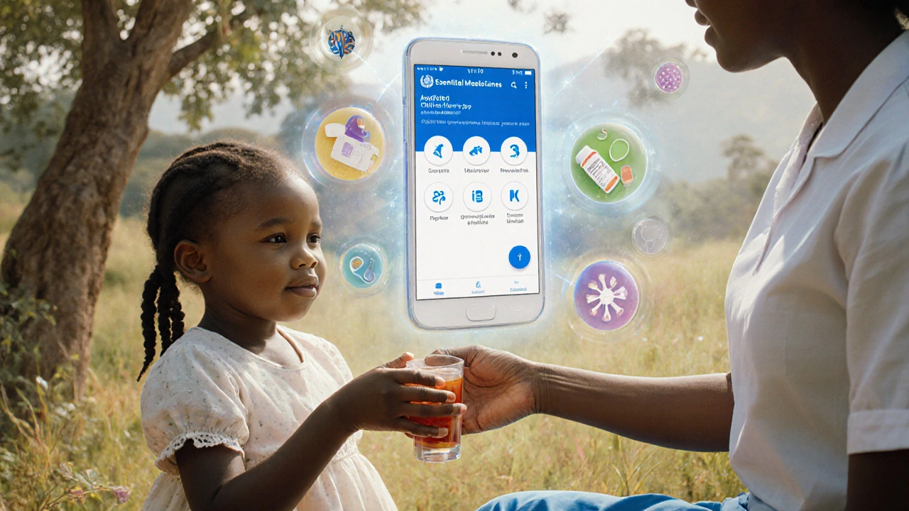 A girl receives pediatric medicine from a nurse, while a digital WHO app hovers nearby, surrounded by icons of life-saving drugs in soft celestial light.
