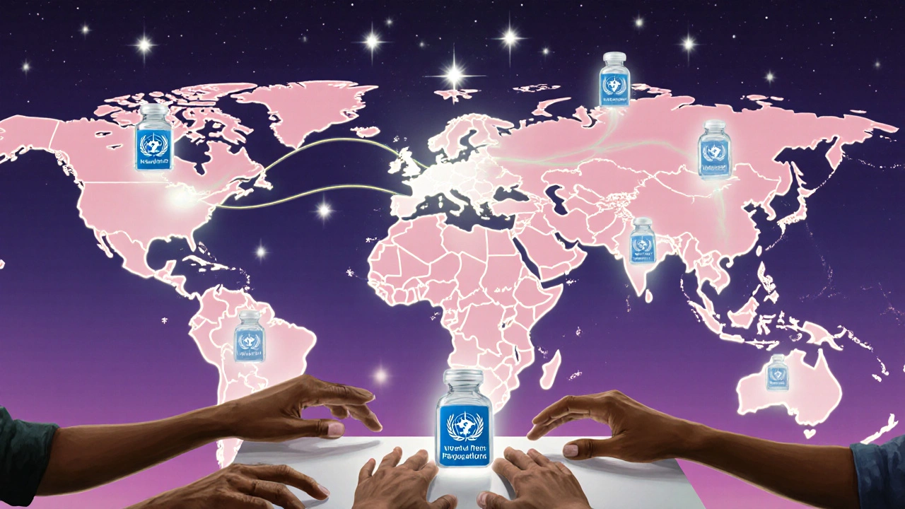 A glowing global map connects medicine production hubs to clinics worldwide, with floating vials forming a heart-shaped path of essential drugs.