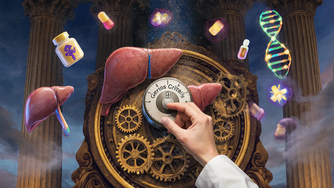 A grand clock with pill-shaped gears representing liver and kidney function, slowing as dust falls around it.