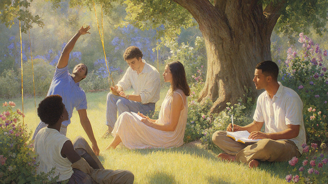 A group of people in a sunlit garden practicing gentle pacing, with golden energy threads connecting them to the earth.