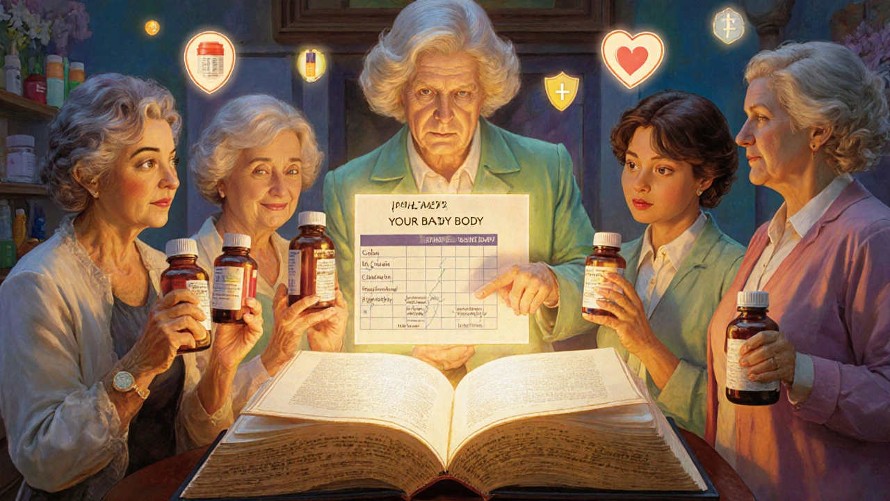 A group of women and a pharmacist gathered around a glowing book about safe medication use.