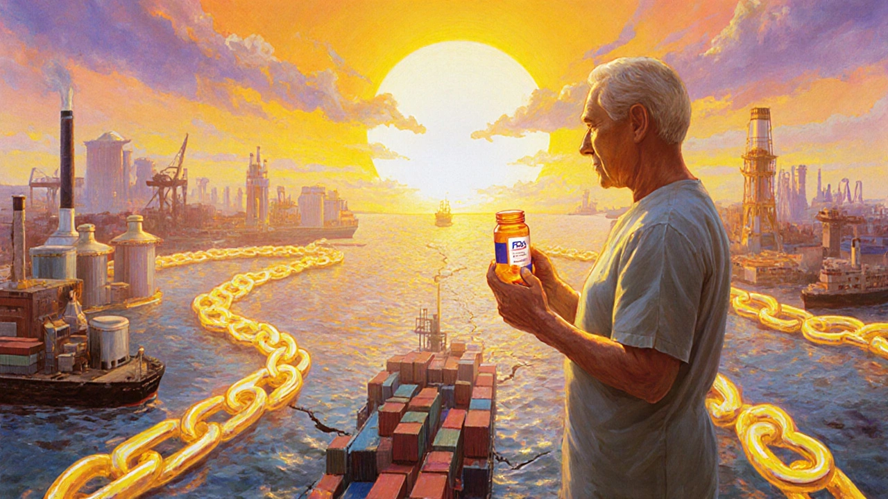 A patient holds medicine as a glowing global supply chain stretches behind them, symbolizing FDA oversight.
