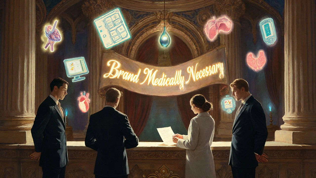 A patient submits an appeal at a grand insurance counter, with glowing medical symbols floating above as shadowy figures turn away.